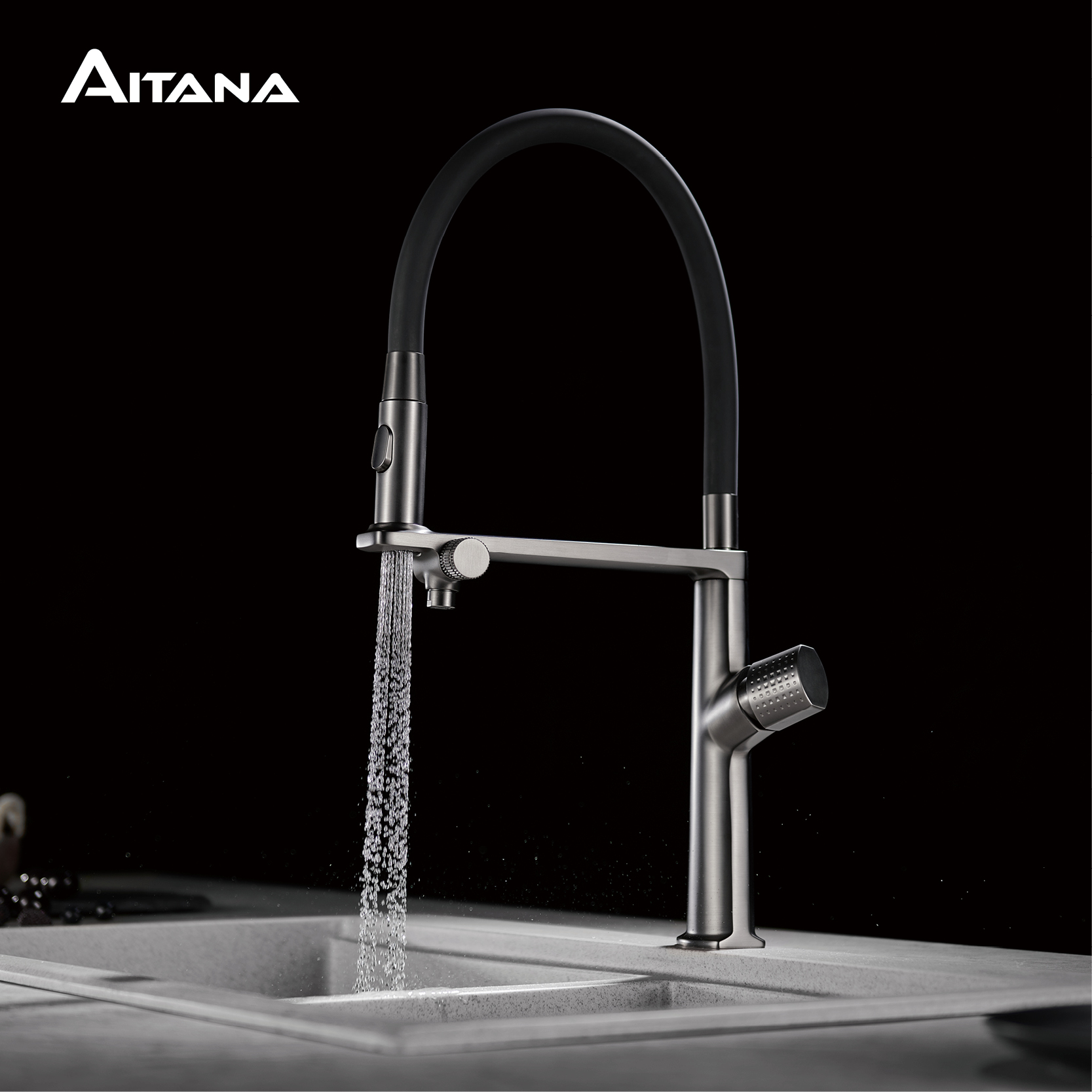 Commercial Kitchen Faucet - Lüks Silah Grisi Pirinç Mutfak Bataryası